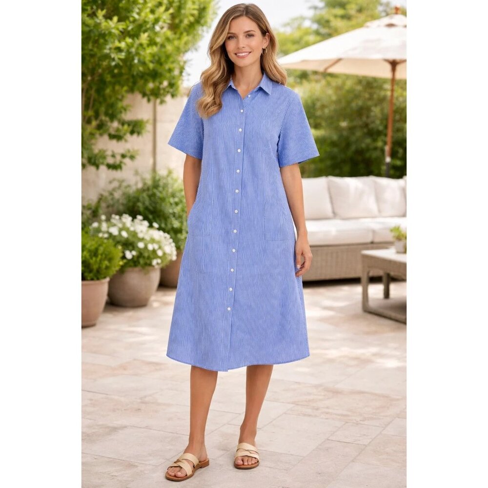 The Drop size XS Marla Drop-Shoulder Short-Sleeve Midi Shirt Dress Blue White